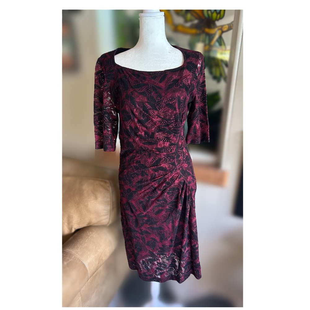 Maeve Anthropologie Elorn Ruched Side Lace Midi Burgundy Red and Black